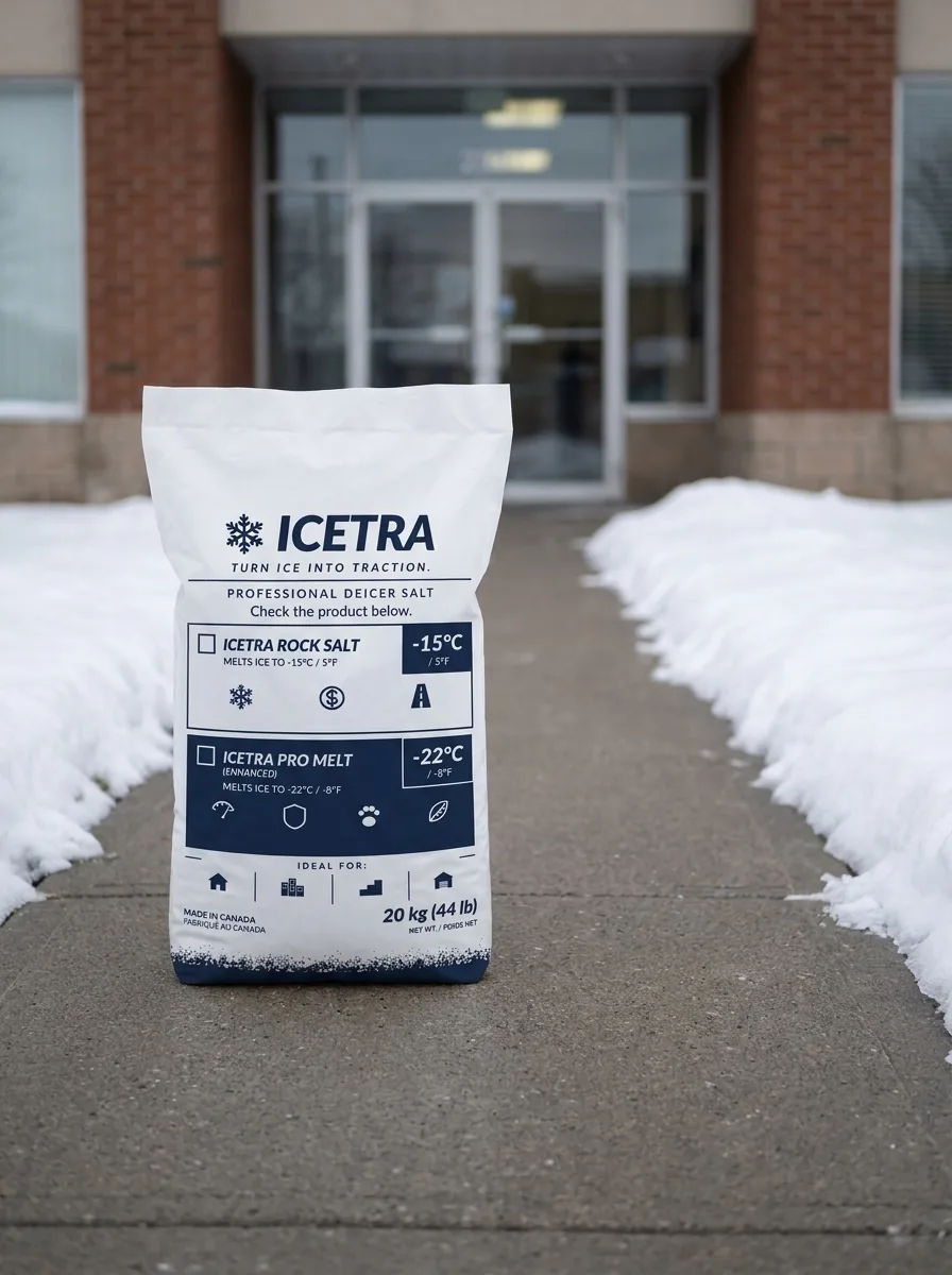 A 20 kg bag of ICETRA Rock Salt standing on a cleared concrete walkway with snow banked on both sides