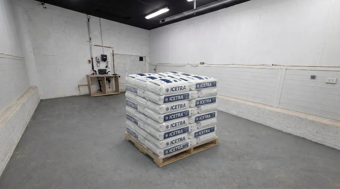 A shrink-wrapped skid of 20 kg ICETRA bags standing in the warehouse